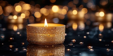 Luxurious Candles: Golden, elegant candles glowing softly, casting flickering light and soft reflections on the glossy black surface below.