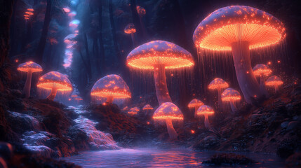  Fantasy Forest with Glowing Mushrooms, Fireflies, and Floating Jellyfish in the Night Sky – Hyper-Realistic Magical Realism Scene in Photographic Style with Enchanted Lighting and Detail