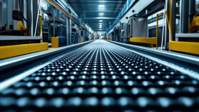 Conveyor belt in modern industrial facility with illuminated pathway for smooth operation