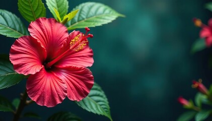 Bold hibiscus & tropical foliage, vibrant colors, leaves, artwork