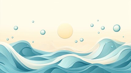 Simple vector design of calm ocean waves in shades of pastel blue and cream, with a soft golden sun