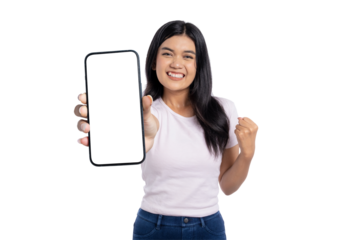 Happy young Asian woman showing blank smartphone screen and celebrating success, isolated on transparent background