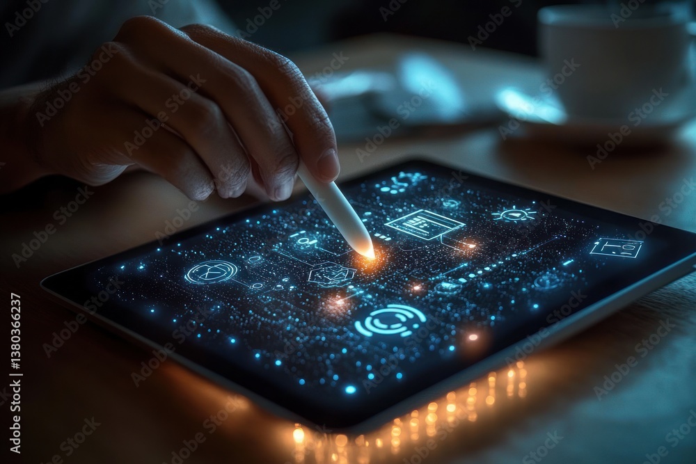 Poster artificial intelligence technology interaction with digital tablet holograms in modern office