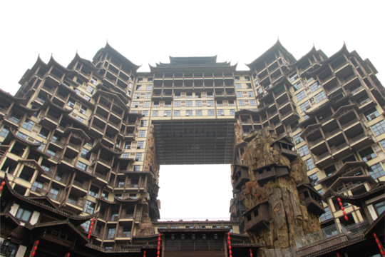 72 Strange Buildings in daytime isolated on cut out PNG or transparent background (Zhangjiajie 72 Qilou) At Zhangjiajie City, Hunan Province, China. Chinese architectural structures are important.