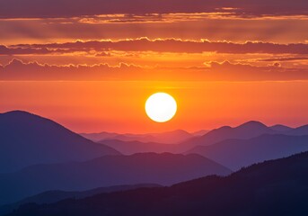 Vibrant Sunset Over Mountain Range Scenic Landscape with Golden Sunlight and Cloudscape.