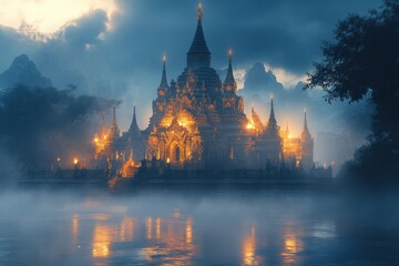 Obraz premium Majestic temple illuminated by twilight in a serene, misty landscape