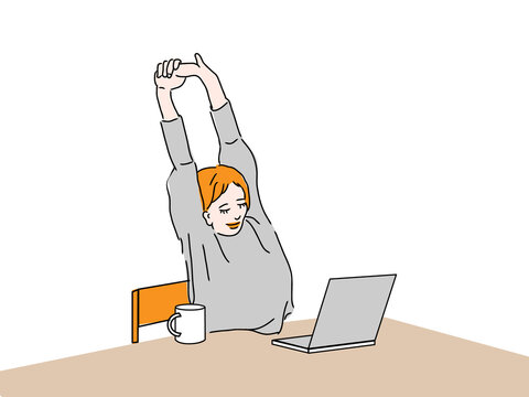 Happy lady manager sitting on chair and stretching her back and arms, taking break, feeling pleased and satisfied at workplace in office
