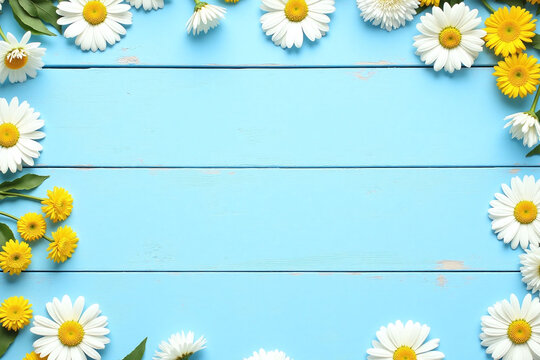 daisies and chrysanthemums on a blue wooden background