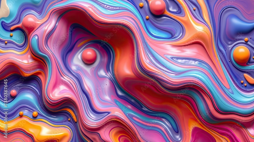 Poster abstract colorful wavy glossy liquid surface with floating sphere shapes