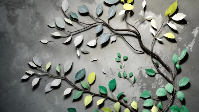 Abstract leaves casting shadows on a gray background, natural tree leaves falling against a concrete wall texture for wallpaper and backdrop, monochrome, nature artwork on the wall.