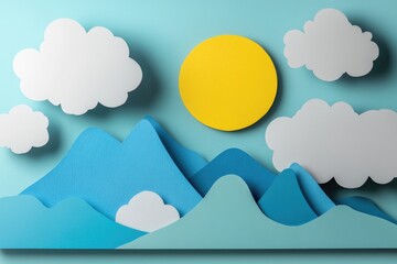 Bright sun shines over layered mountains and fluffy clouds in se