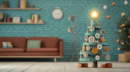 Metallic Gear Christmas Tree, a unique holiday display of gears and circuits topped with a glowing star in a warm living room setting