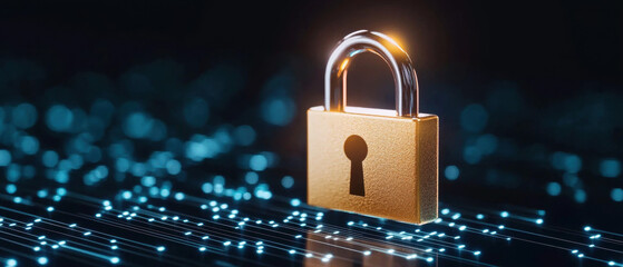golden padlock stands prominently against backdrop of glowing blue data streams, symbolizing security and encryption in digital world. image evokes sense of protection and safety