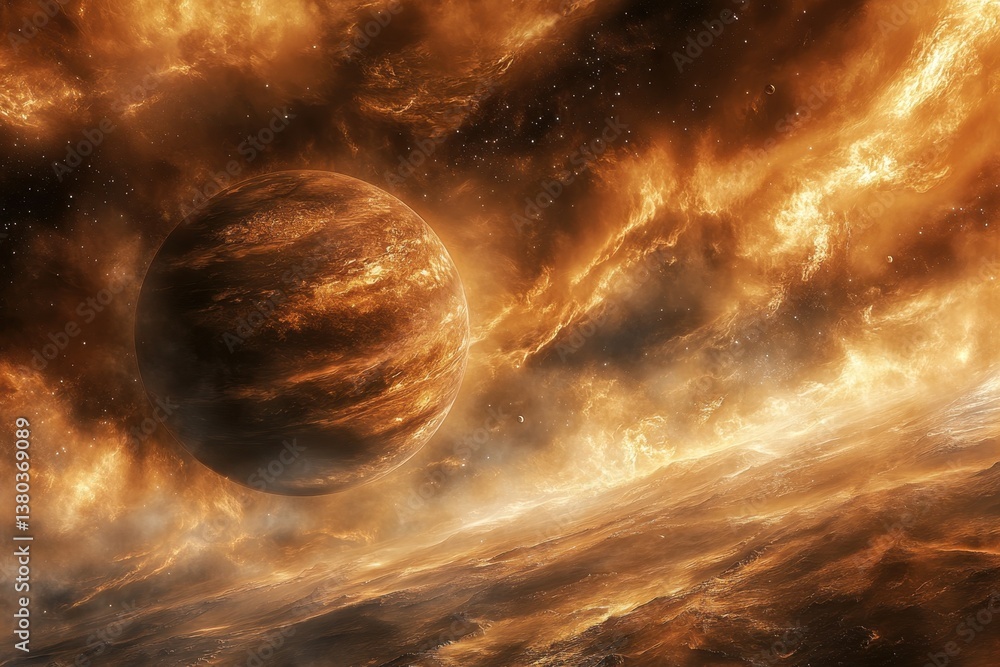 Poster exploring the vibrant clouds and surface of a distant, fiery planet in space