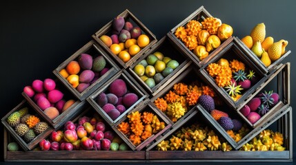 A selection of wooden crates stacked in a diagonal formation, each overflowing with a different type of exotic fruit--dragon fruit,