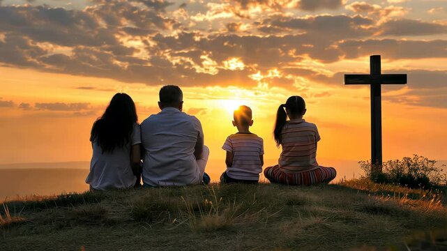 A religious family of four sitting on a hillside watching the sunset with a cross nearby 4K