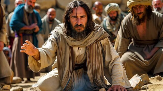 Jesus Christ writing in the sand the sins of those gathered around him 4K