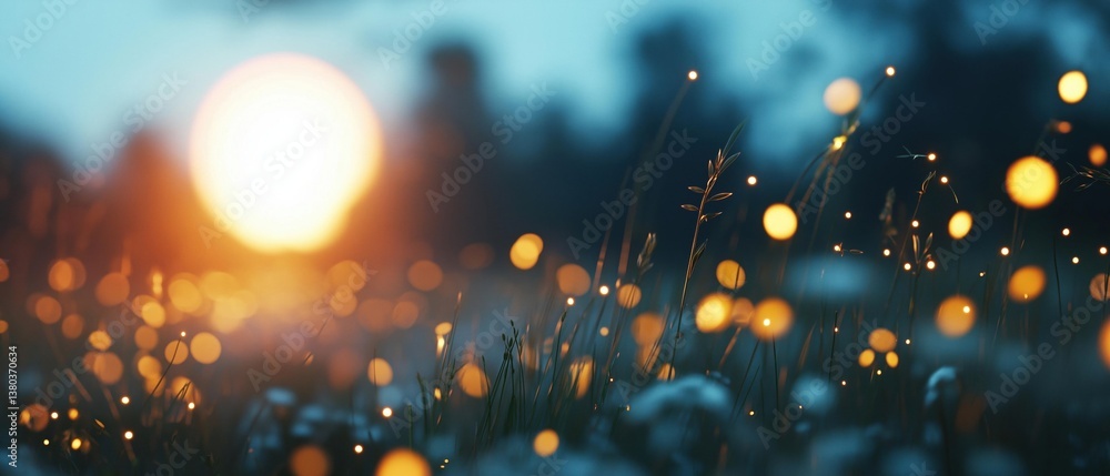 Poster close-up of a field of grass with the sun setting in the background. the sun is partially visible in
