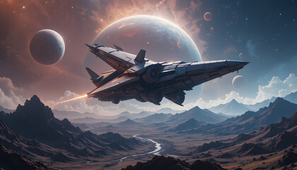 Obraz premium Dual-Engine Spaceship Ascending over Alien Planet & Mountain Range