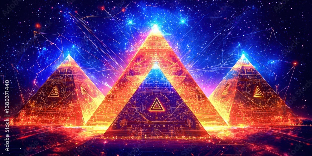 Poster three pyramids are lit up in a blue and orange color scheme