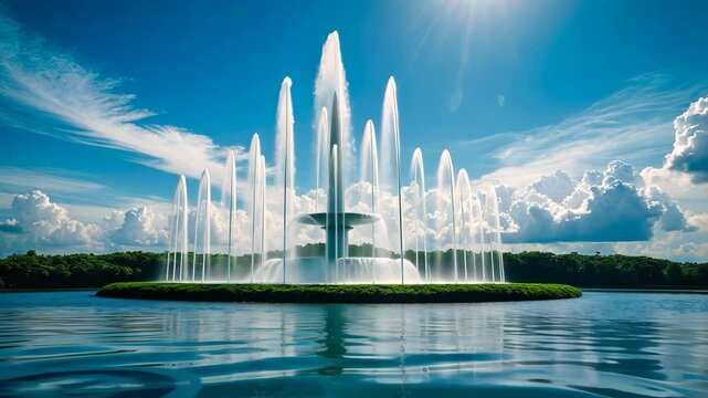 Abstract background of fountain water against a blue sky. Water fountain artwork set against a blue sky backdrop. Musical fountain located on an island.