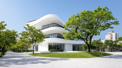 Modern White Building with Curved Architecture and Lush Greenery
