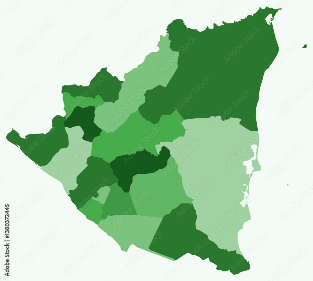 Poster map of nicaragua with regions. just a simple country border map with region division. green color pa