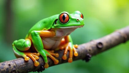 Naklejka premium Green tree frog perched on white, vibrant colors, isolated frog, closeup
