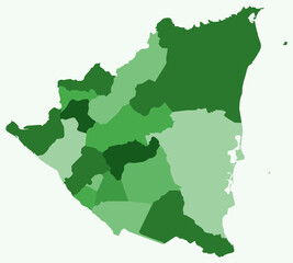 Obraz premium Map of Nicaragua with regions. Just a simple country border map with region division. Green color palette. Blank Nicaragua shape with administrative division. Vector illustration.