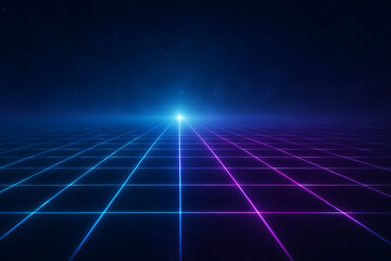 Futuristic Neon Grid Landscape with Glowing Horizon