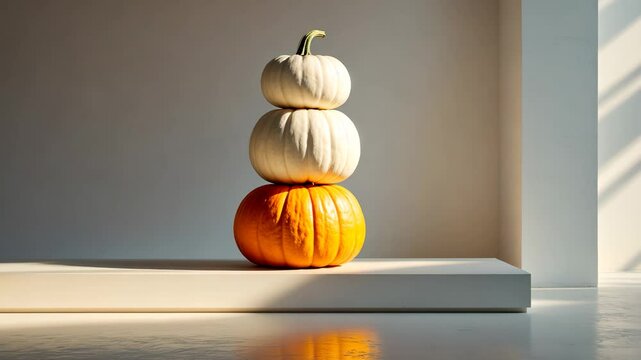 Three pumpkins in white, orange, and yellow are arranged in a stack on a tidy, minimal surface, showcasing the bright colors characteristic of the harvest season.