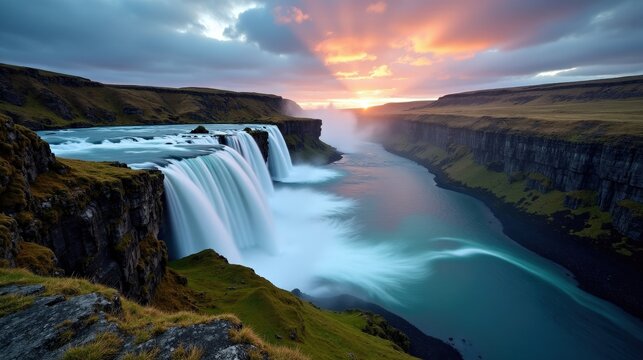 Overhead view of Steinsdalsfossen waterfall in Norway, captured during dawn with cloudy skies.