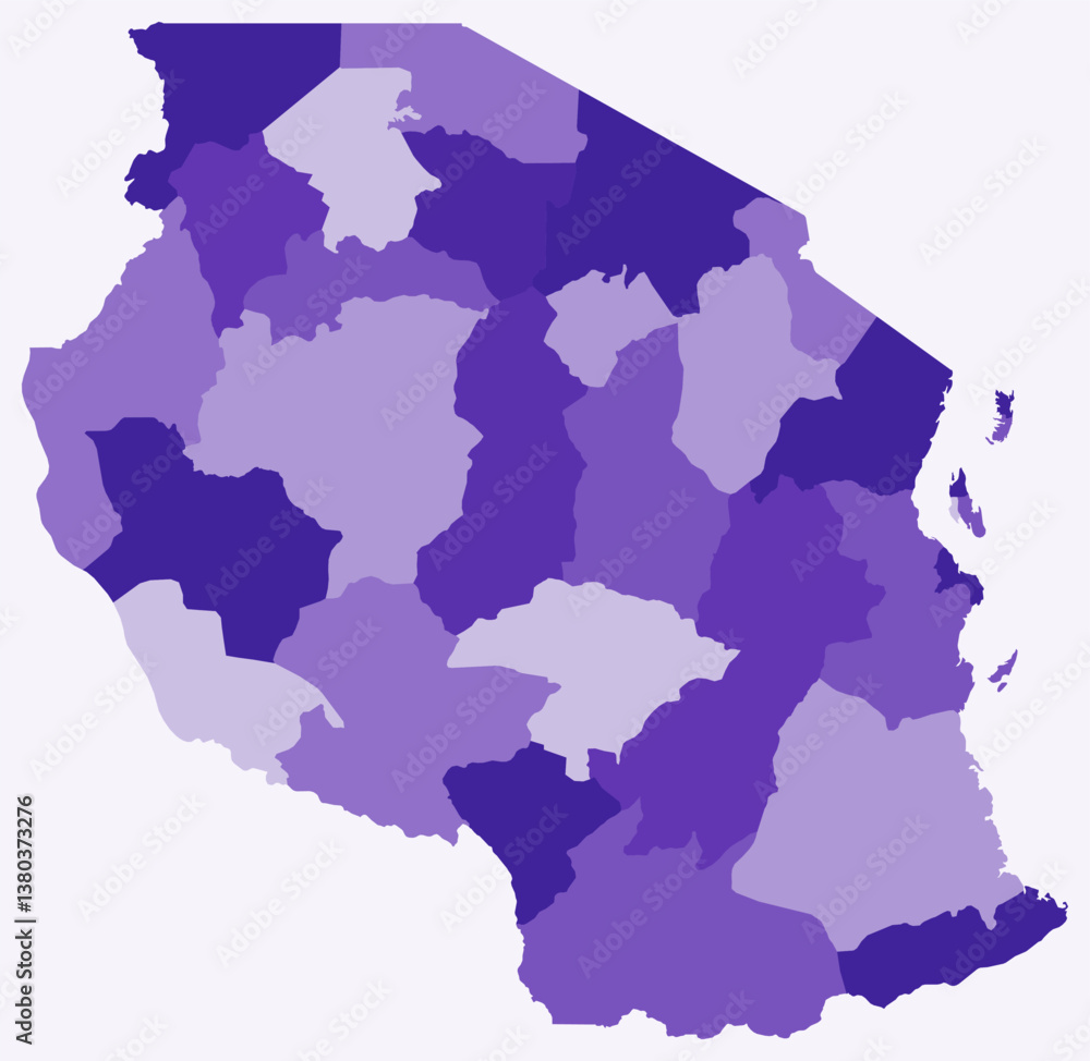 Poster map of tanzania with regions. just a simple country border map with region division. deep purple col