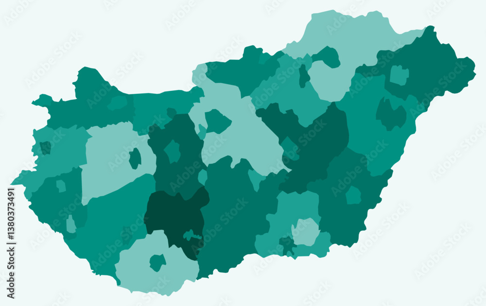 Poster map of hungary with regions. just a simple country border map with region division. teal color palet