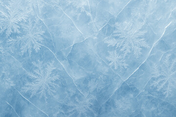 Intricate Frost Patterns and Cracks on Blue Ice Surface