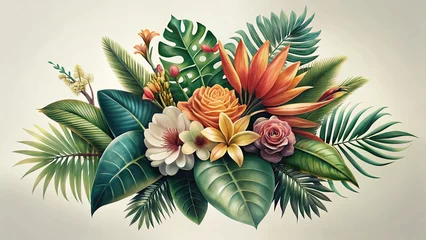 Fotobehang Lush Hawaiian Tropical Plants & Palm Leaves Bouquet - Exotic Floral Greeting Card Elements © Danicha