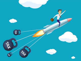 Businessman flying on rocket with weight taxes behind. Vector illustration
