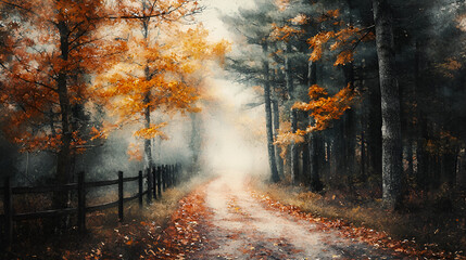 Watercolor Scene of Autumn Forest Path with Golden Leaves