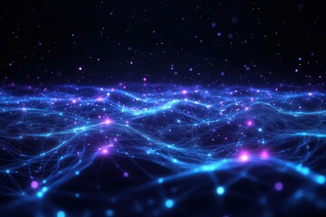 Obraz premium An abstract digital background featuring glowing blue and purple connections, with scattered particles floating across a deep black space