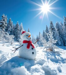 Obraz premium Frosty snowman basks in sunlit snowy forest clearing, serene blue sky, peaceful, magical