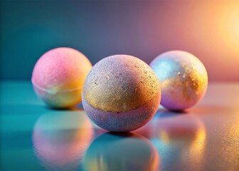 Luxurious Bath Bombs: Golden Reflections & Pastel Tones - Stock Photo