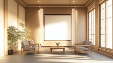 minimalist waiting area with light beige wooden paneling, a large blank white frame canvas  mounted on the wall