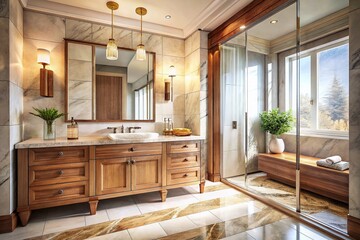 Luxurious Bathroom with Wood Vanity & Marble Subway Tile Shower