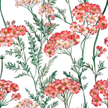Watercolor red yarrow with greenery seamless pattern. Floral background.