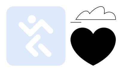 Running figure symbolizing movement, black heart representing health, and abstract cloud hinting at balance. Ideal for fitness, health, wellness, active lifestyle, motivation therapy vitality. Flat