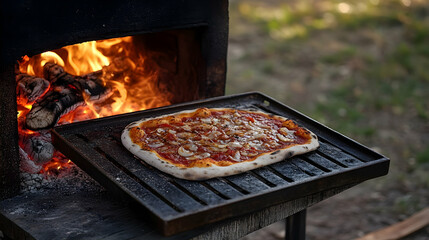 Pizza baking in outdoor wood-fired oven