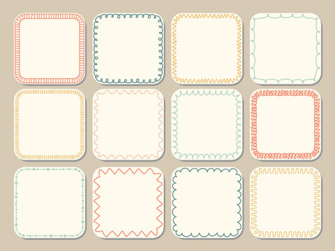 Cozy whimsical sticker frames with unique wavy, curly, dashed edges. Cute square stickers with doodle border. Template for stationery, planner, aesthetic social media graphic, label, tag, packaging