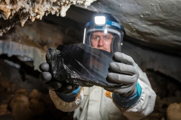 Obraz premium Miner shows a large piece of obsidian in a cave during an underground exploration at twilight