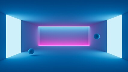 Bright blue pink and violet rectangle neon light portal background.