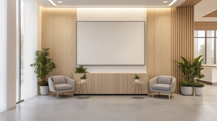minimalist waiting area with light beige wooden paneling, a large blank white frame canvas  mounted on the wall